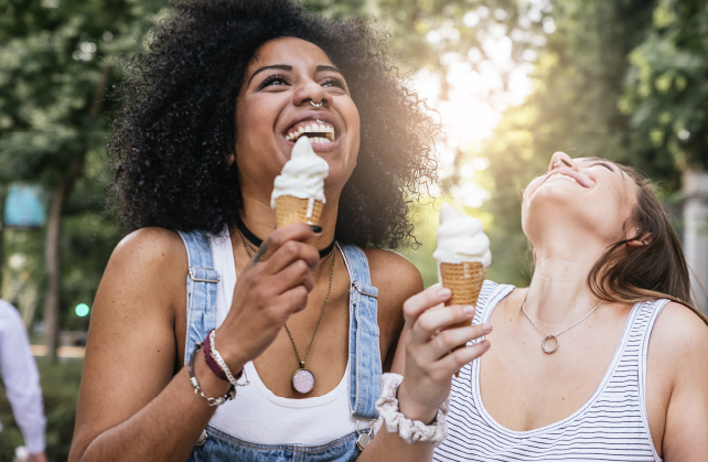 ladies eating ice cream cone in the park; eating disorders, recovery is possible